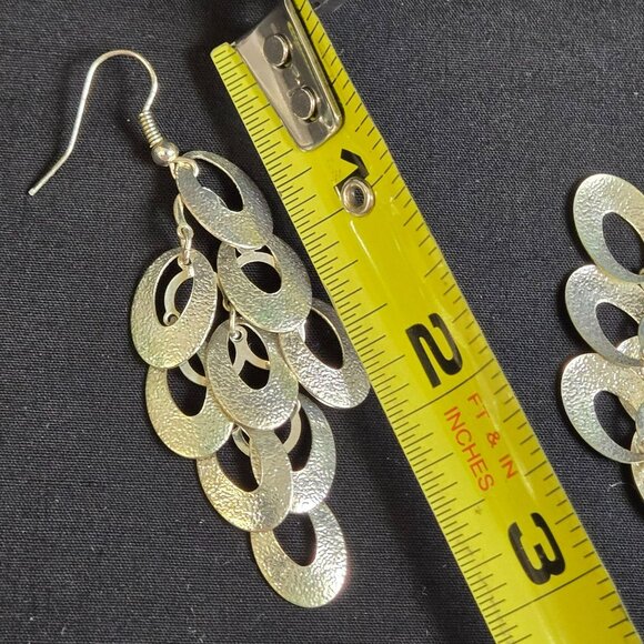 Silver Tone Serpent Scale Dangle Earrings Textured Layered Ovals 3" Lightweight - Picture 4 of 5